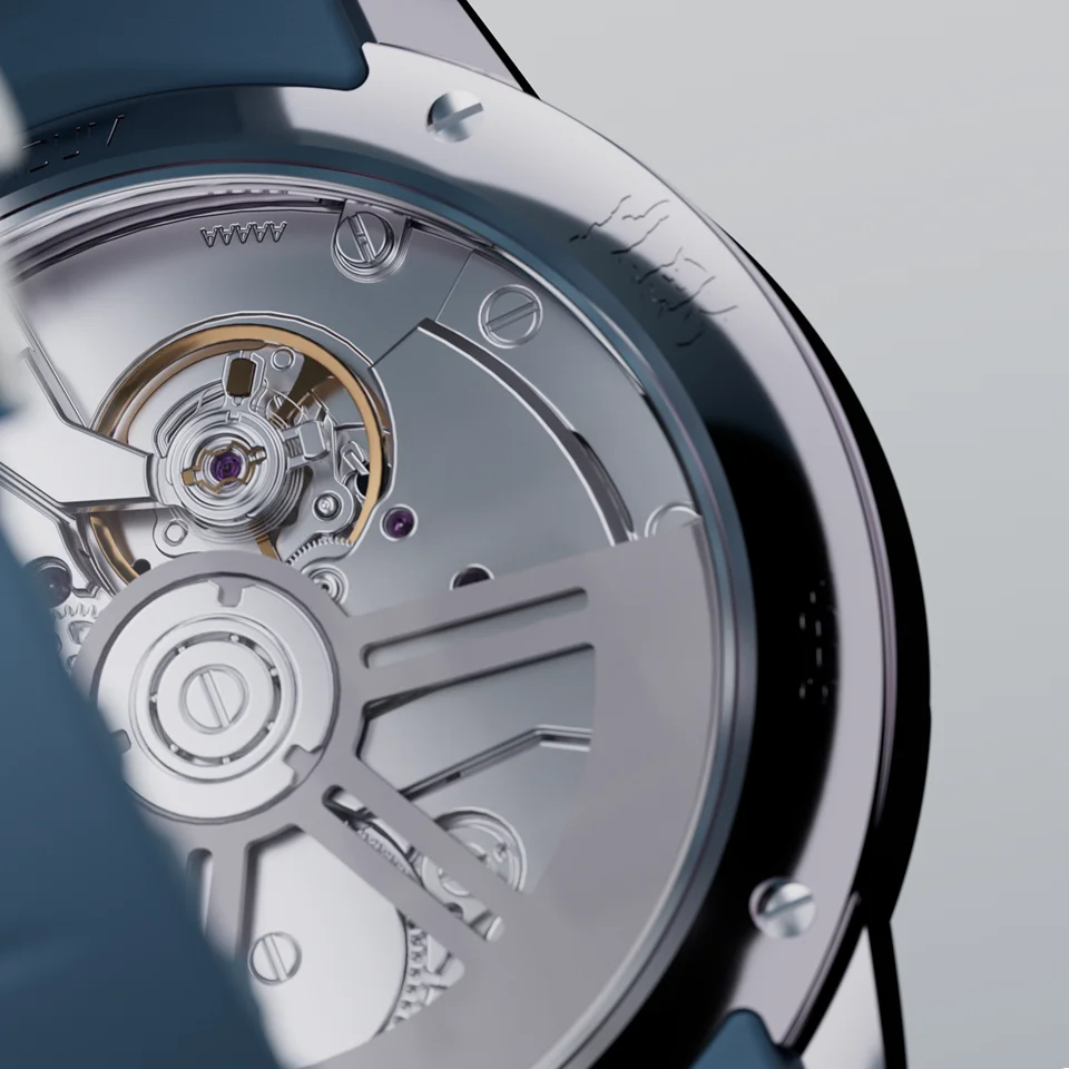 Ylem Addendum 01 ICE Edition limited edition automatic watch. Features a luminous white/frosted silver concave dial and integrated strap in a Grade 5 Titanium asymmetric case. Only 100 pieces available.